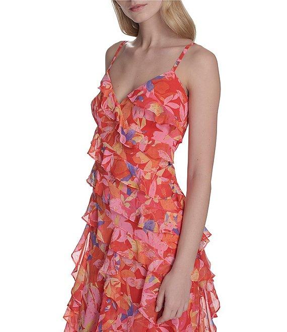 Eliza J Chiffon Floral Print V Neck Sleeveless Ruffle Sheath Maxi Dress Product Image