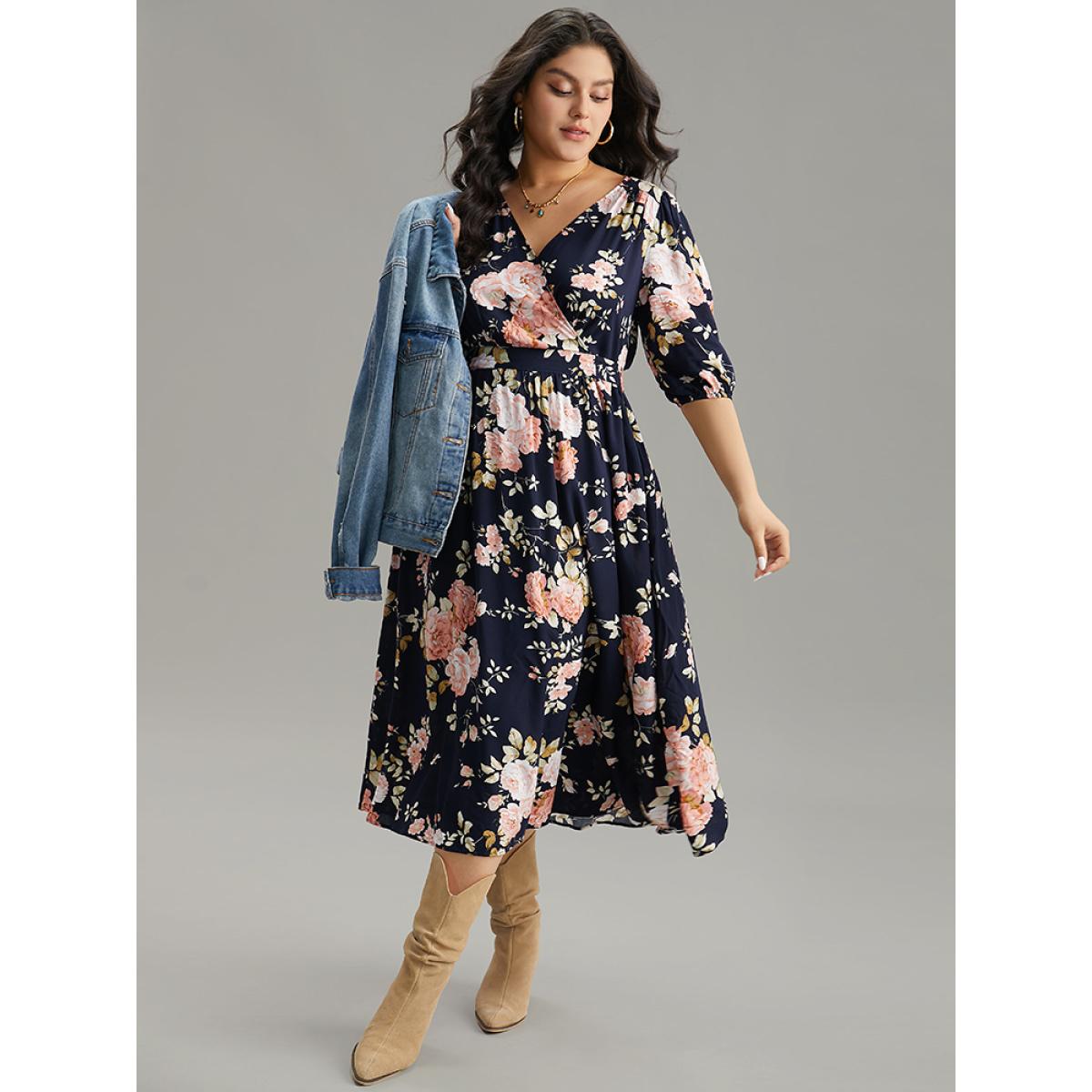 Plus Size Floral Print Pleated Ties Wrap Lantern Sleeve Dress DarkBlue Women Vacation Elastic cuffs Overlap Collar Half Sleeve Curvy Midi Dress BloomChic 14-16/1X Product Image