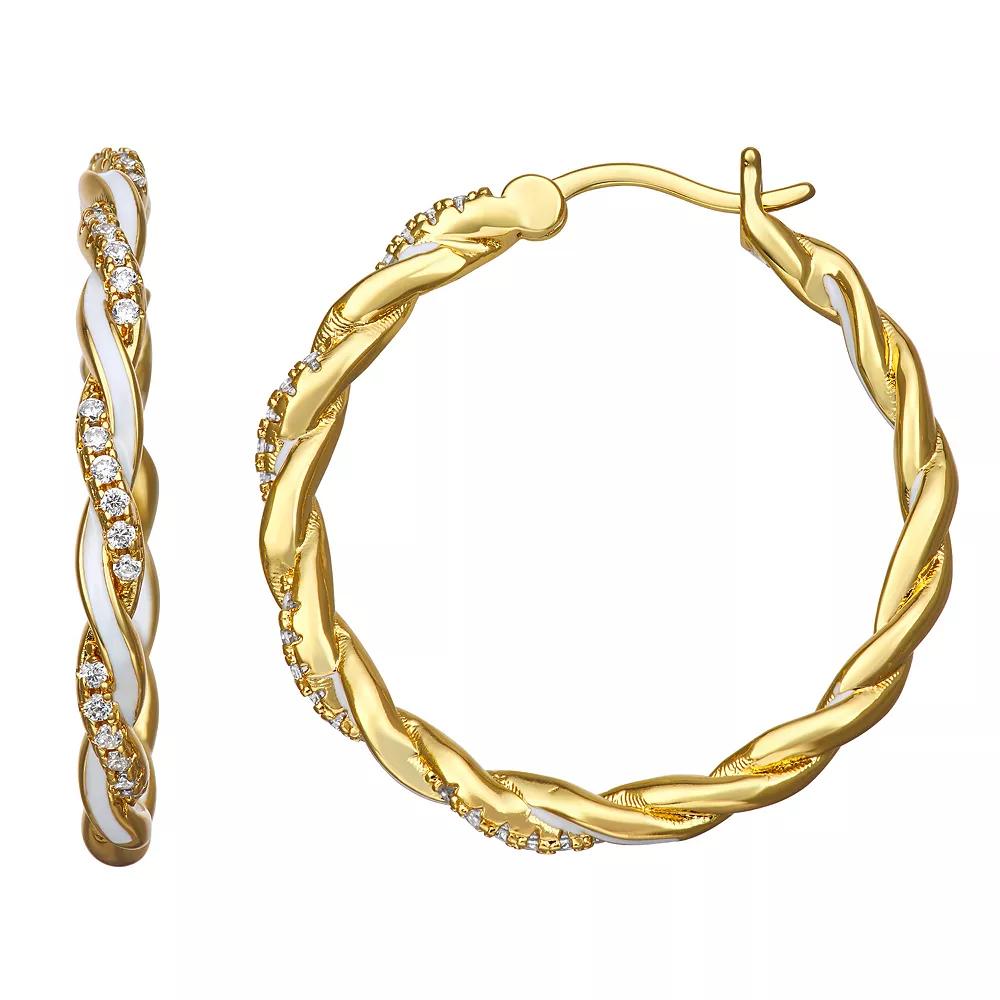 Gold-Tone Cubic Zirconia with White Enamel Twist Hoop Earrings, Women's, Gold Tone Product Image