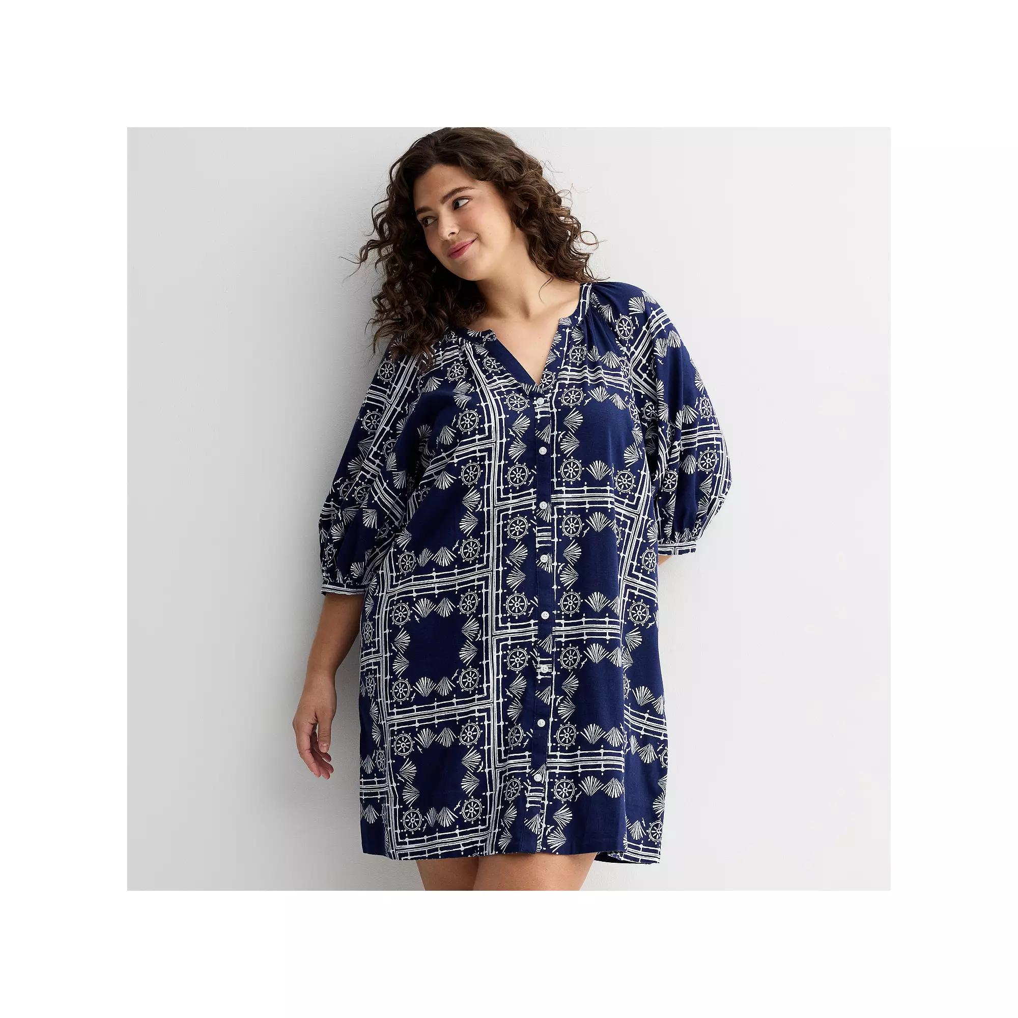 Plus Size Sonoma Goods For Life® Button Front Elbow Sleeve Shift Dress, Women's, Size: 0X, Blue Nautical Print Product Image