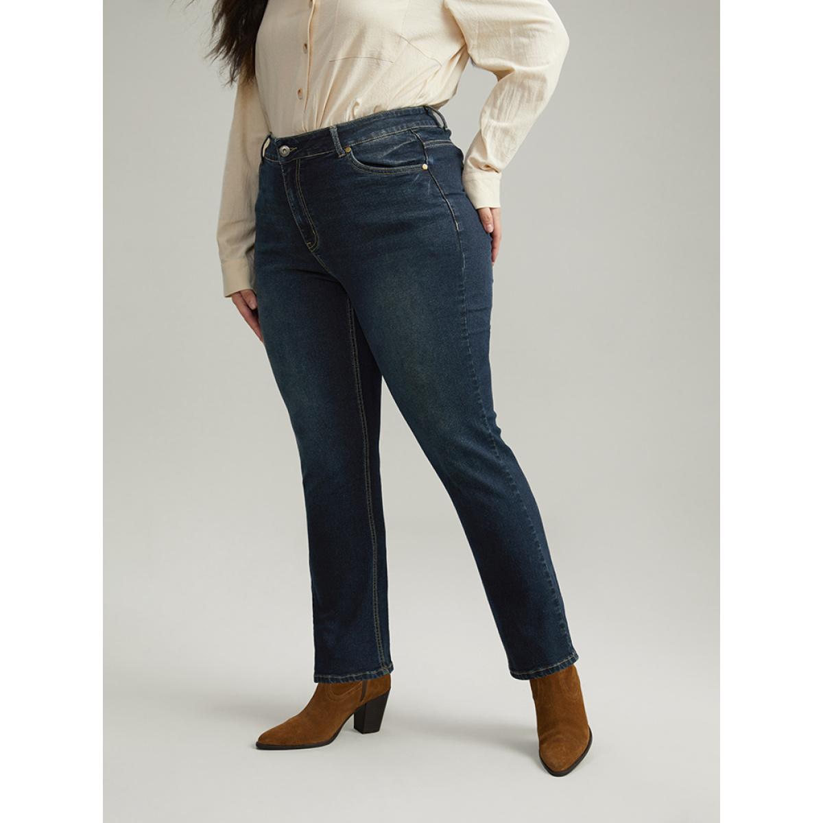 Plus Size Dark Wash Straight Leg High Rise Jeans Women Indigo Casual Plain Plain High stretch Pocket Jeans BloomChic 24/3X Product Image