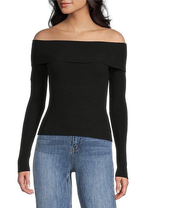 Double Zero Cropped Ribbed Knit Off-The-Shoulder Long Sleeve Top Product Image