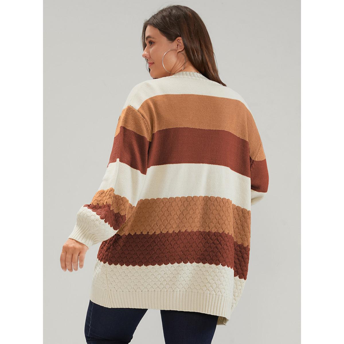 Plus Size Striped Colorblock Contrast Pointelle Knit Jacquard Open Front Cardigan Multicolor Women Casual Loose Long Sleeve Dailywear Cardigans BloomChic 30/6X Product Image