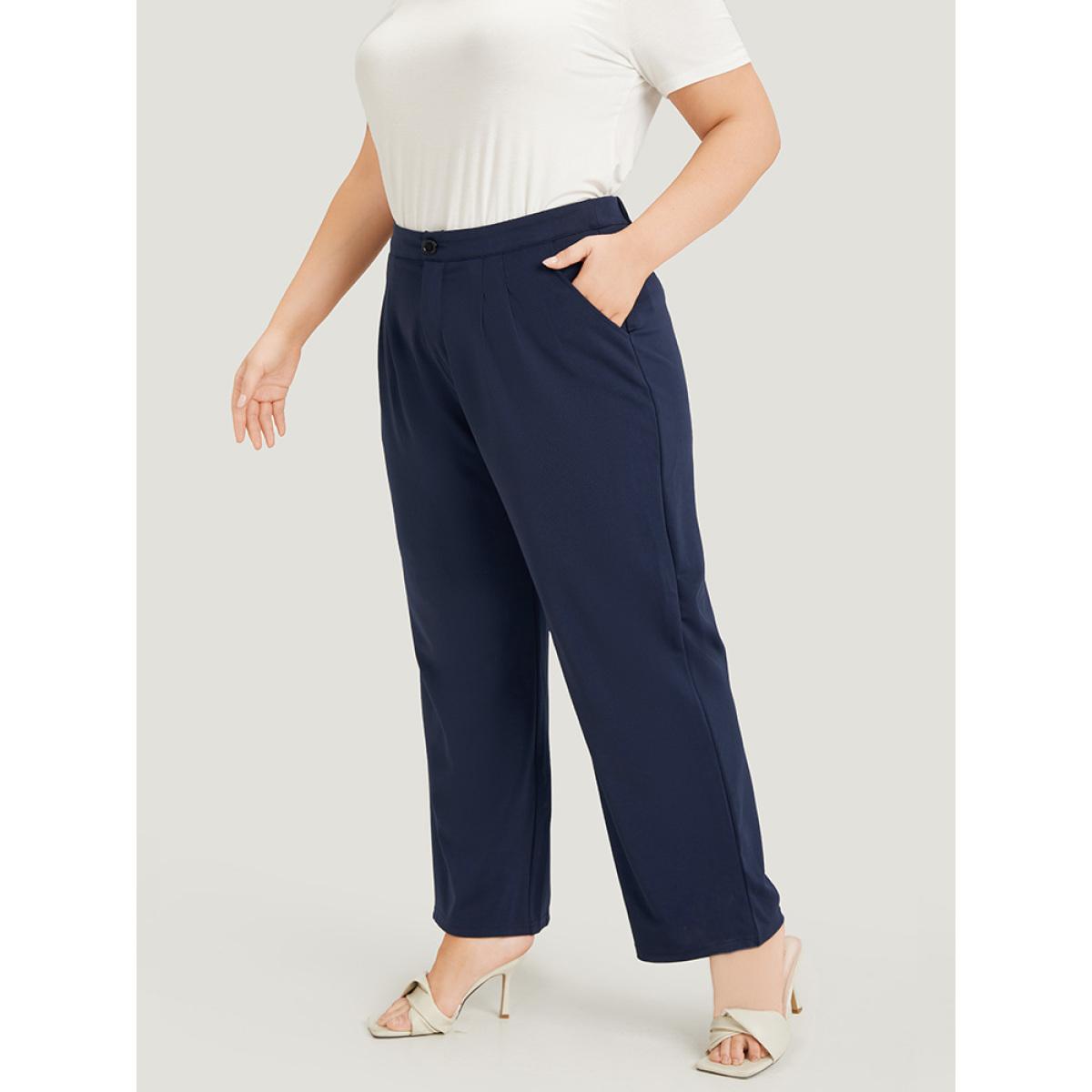 Plus Size Plain Pleated High Rise Pocket Pants Women Indigo Office High Rise Work Pants BloomChic 30/6X Product Image