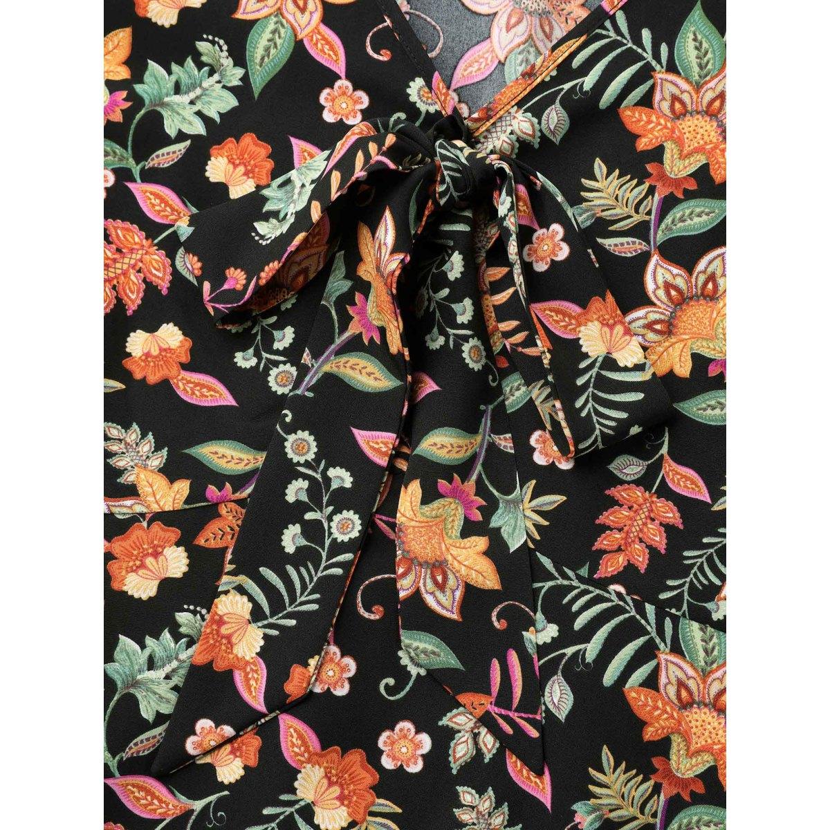 Plus Size Black Floral Print Knotted Neckline Flared Shirt Women Resort Elbow-length sleeve V-neck Vacation Blouses BloomChic 18-20/2X Product Image