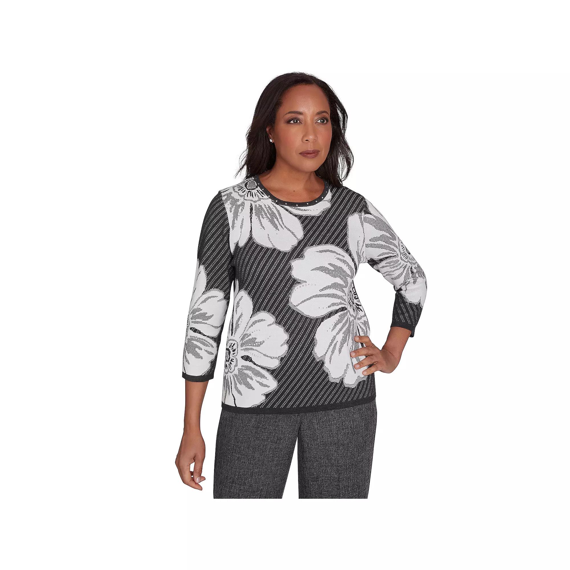 Women's Alfred Dunner Floral Textured Sweater, Size: Medium, Grey Product Image