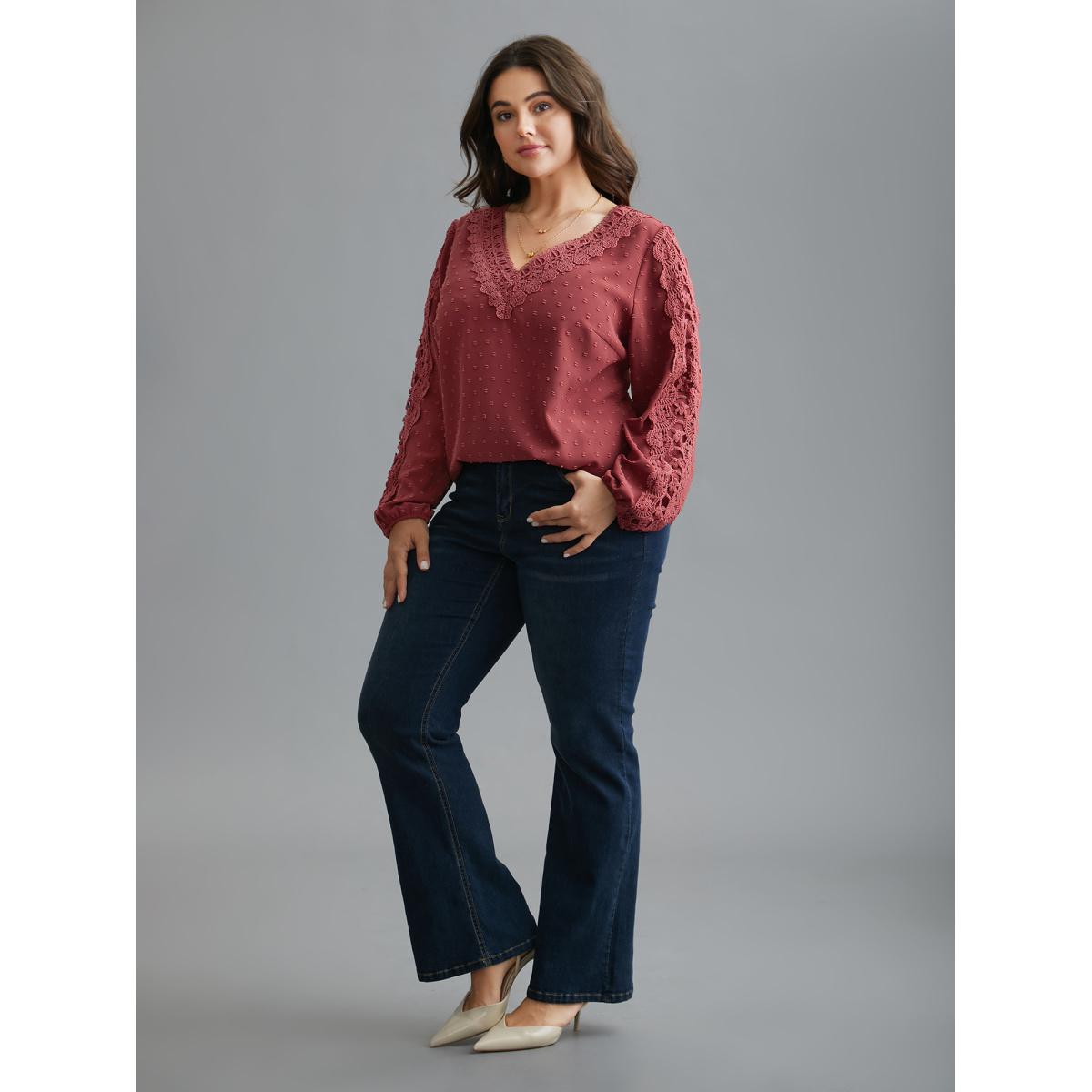 Plus Size Russet Lace Trim V-Neck Textured Blouse Women Elegant Long Sleeve V-neck Everyday Blouses BloomChic 18-20/2X Product Image
