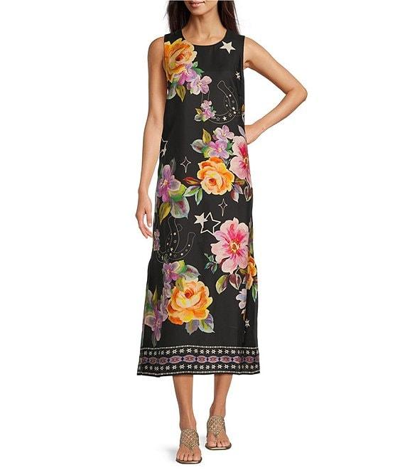 JOHNNY WAS Karolina Placement Floral Border Print Round Neck Sleeveless A-Line Midi Dress Product Image