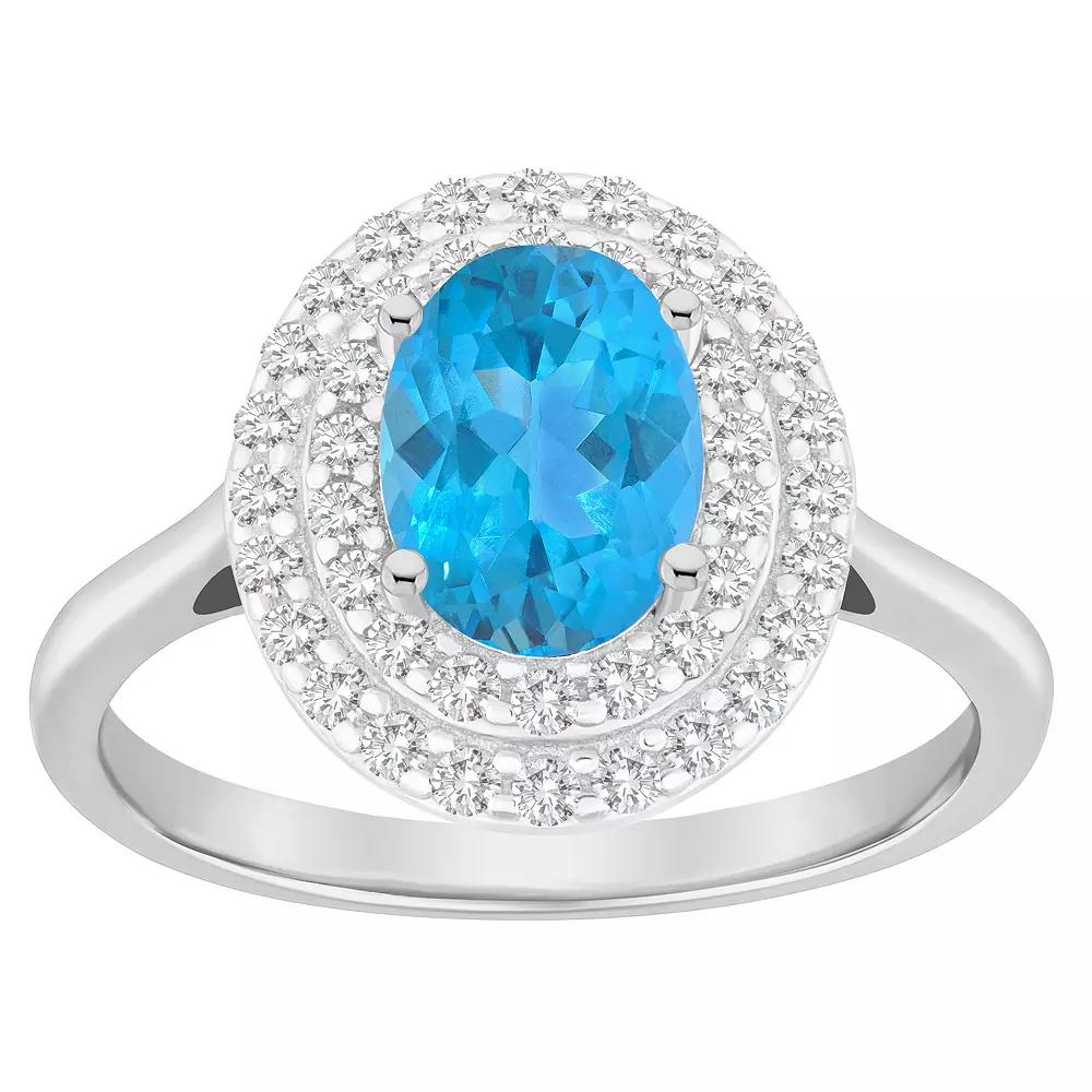 Celebration Gems Sterling Silver Oval-Cut Swiss Blue Topaz & White Topaz Double Halo Ring, Women's,  Product Image