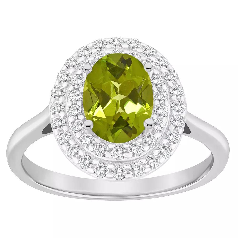 Celebration Gems Sterling Silver Oval-Cut Peridot & White Topaz Double Halo Ring, Women's,  Product Image
