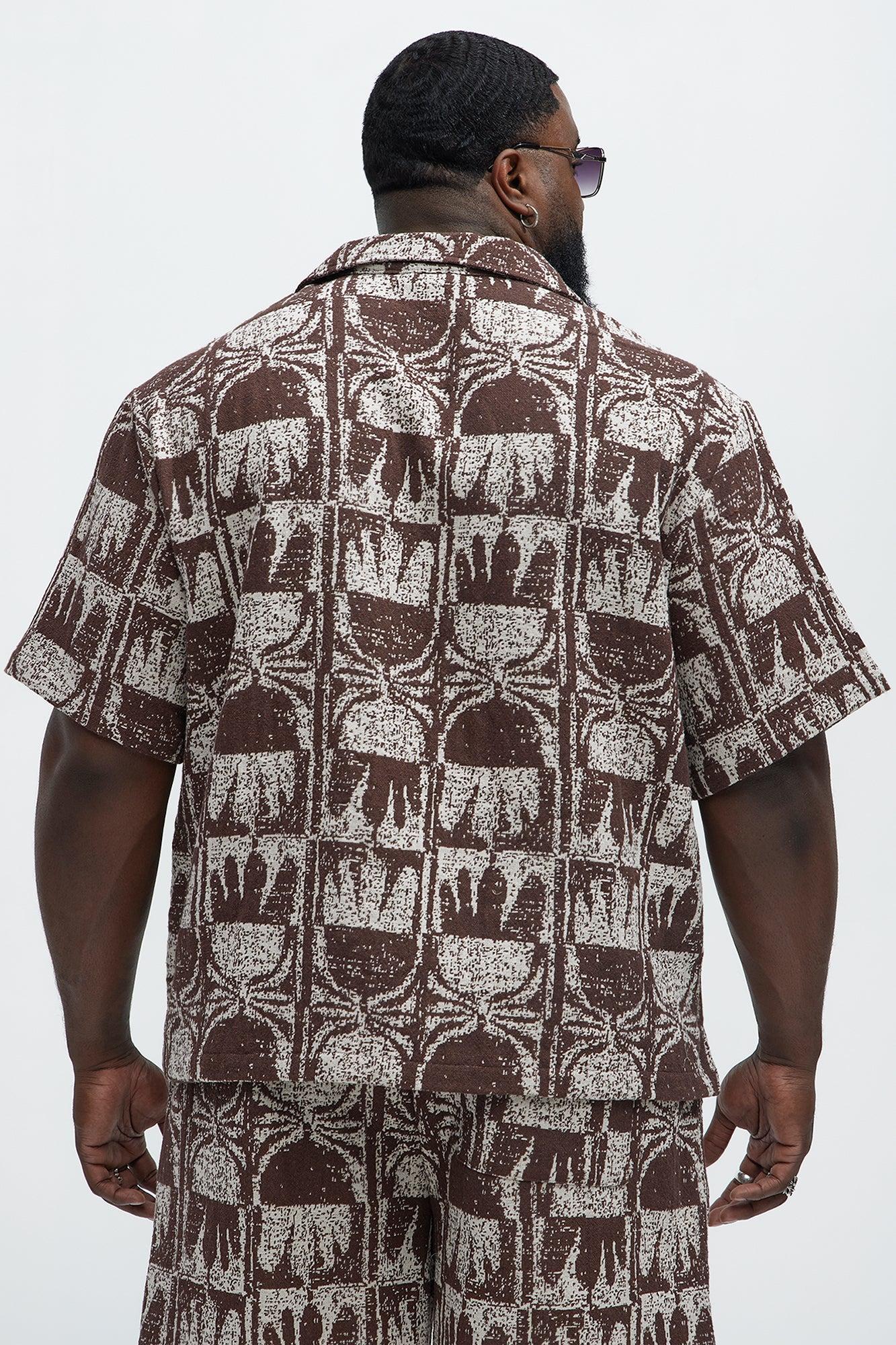 Tribal Pattern Cuban Button Down Shirt - Brown Combo Product Image