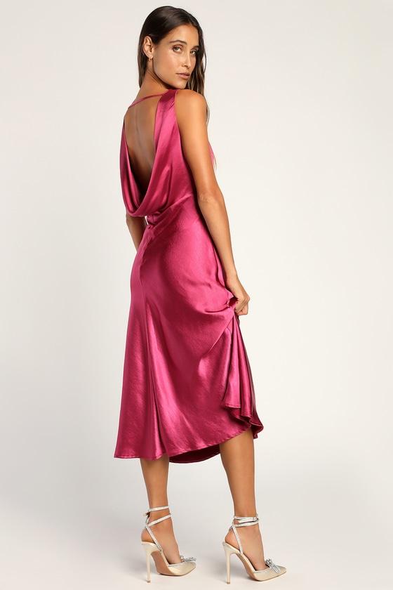 Incredible Love Magenta Satin Cowl Back Midi Slip Dress Product Image