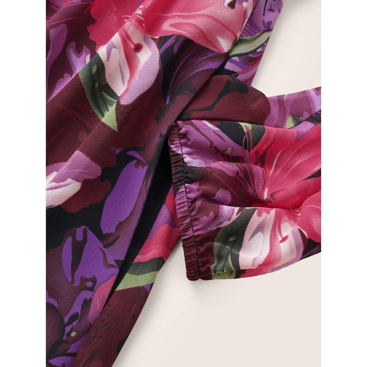 Plus Size Floral Lantern Sleeve Mesh Elastic Waist Dress RedViolet Women Elegant Non V-neck Long Sleeve Curvy Midi Dress BloomChic 10/M Product Image