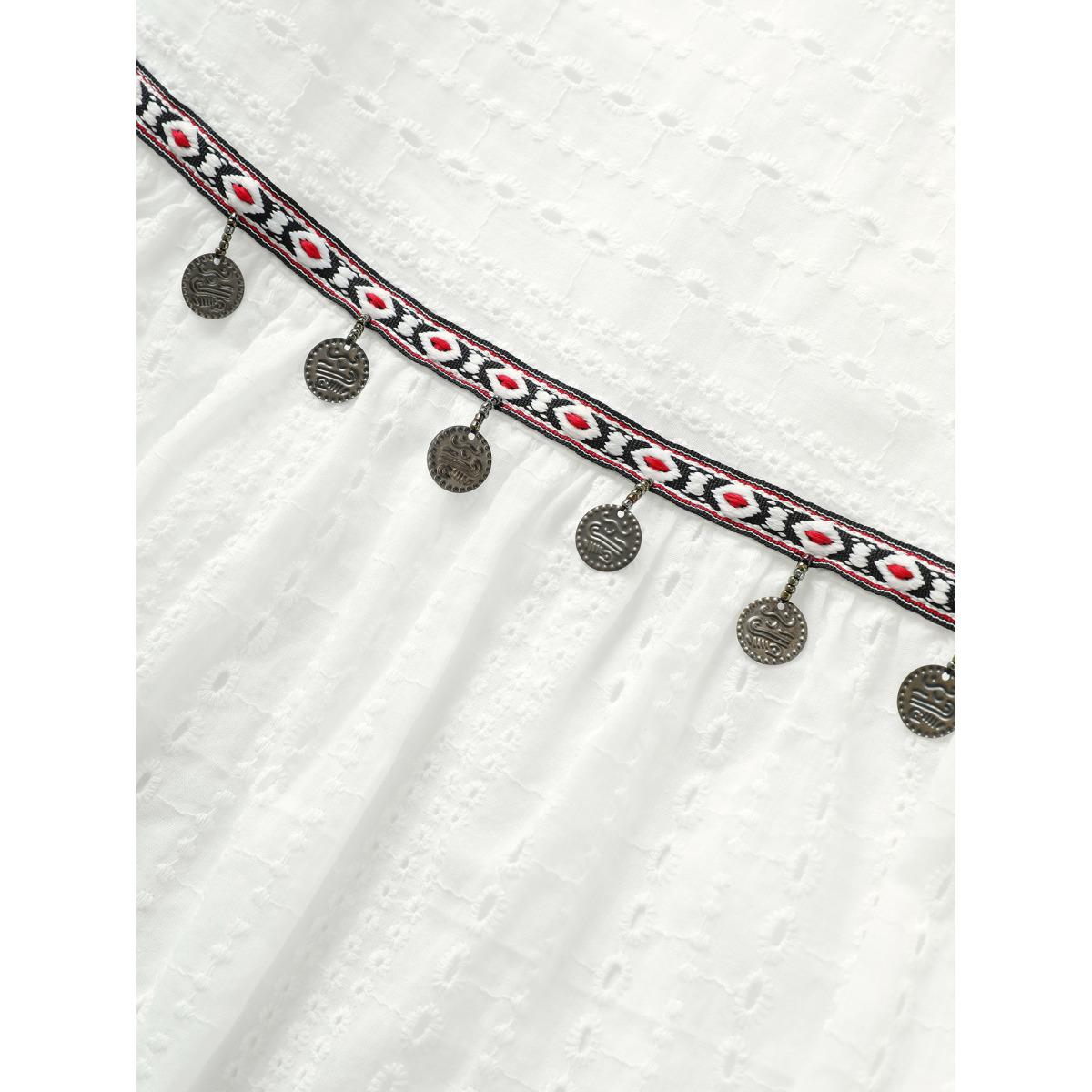 Plus Size White Broderie Anglaise Patchwork Tassel Trim Blouse Women Resort Short sleeve Round Neck Vacation Blouses BloomChic 10/M Product Image