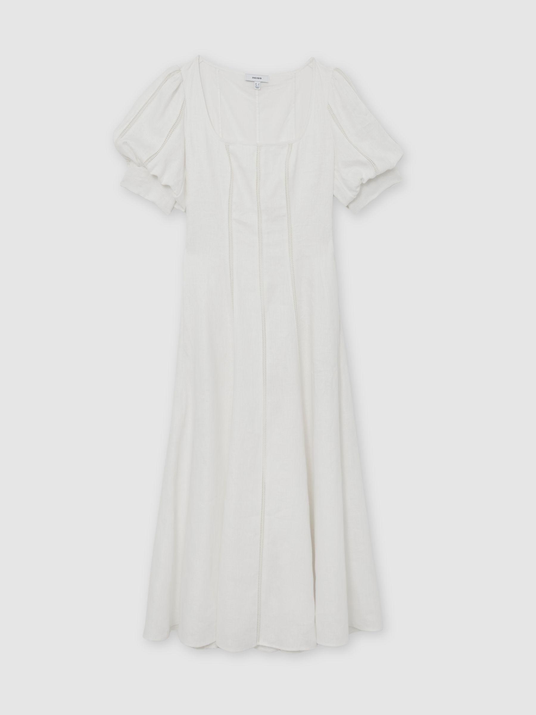 Petite Linen Puff-Sleeve Embroidered Midi Dress in Ivory Product Image