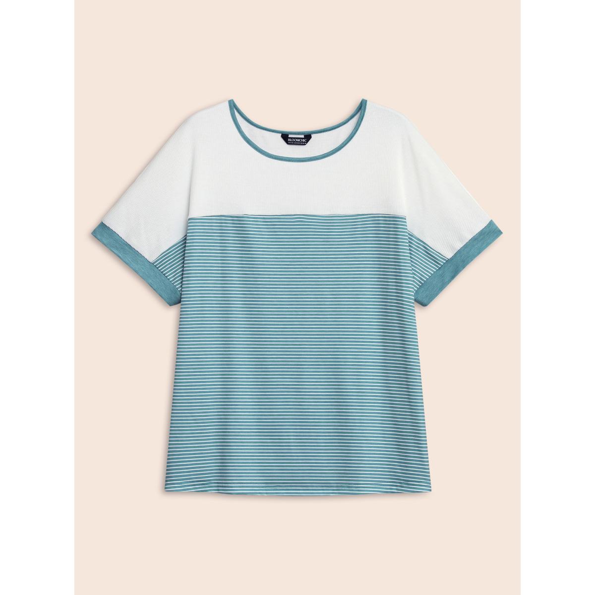 Plus Size Round Neck Striped Patchwork Contrast T-shirt Cerulean Women Casual Contrast Round Neck Everyday T-shirts BloomChic 14-16/1X Product Image