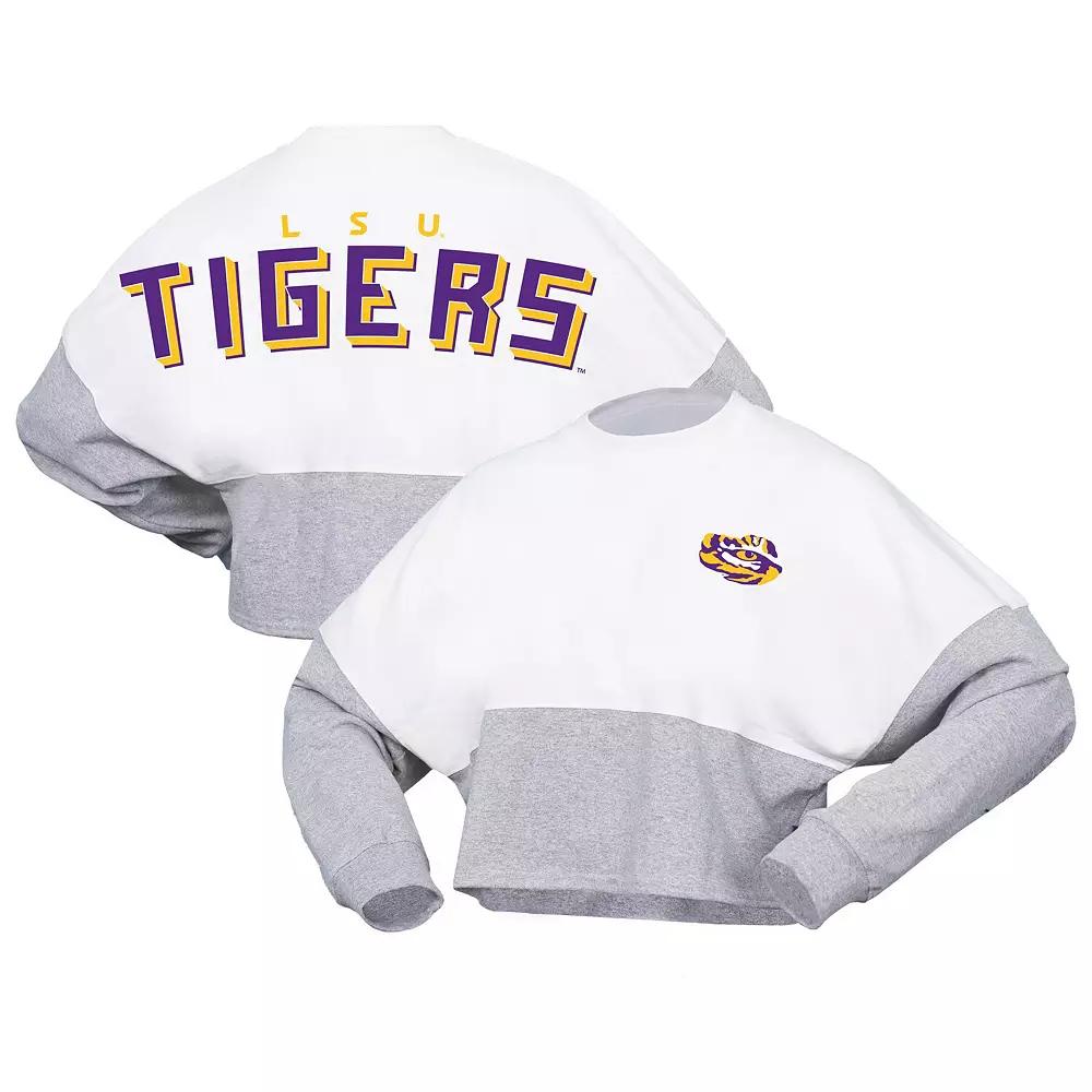 Women's Spirit Jersey White LSU Tigers Heather Block Cropped Long Sleeve Jersey T-Shirt,  Product Image
