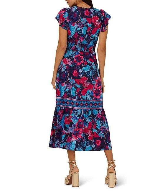 Adrianna by Adrianna Papell Floral V-Neckline Flutter Cap Sleeve Midi Dress Product Image