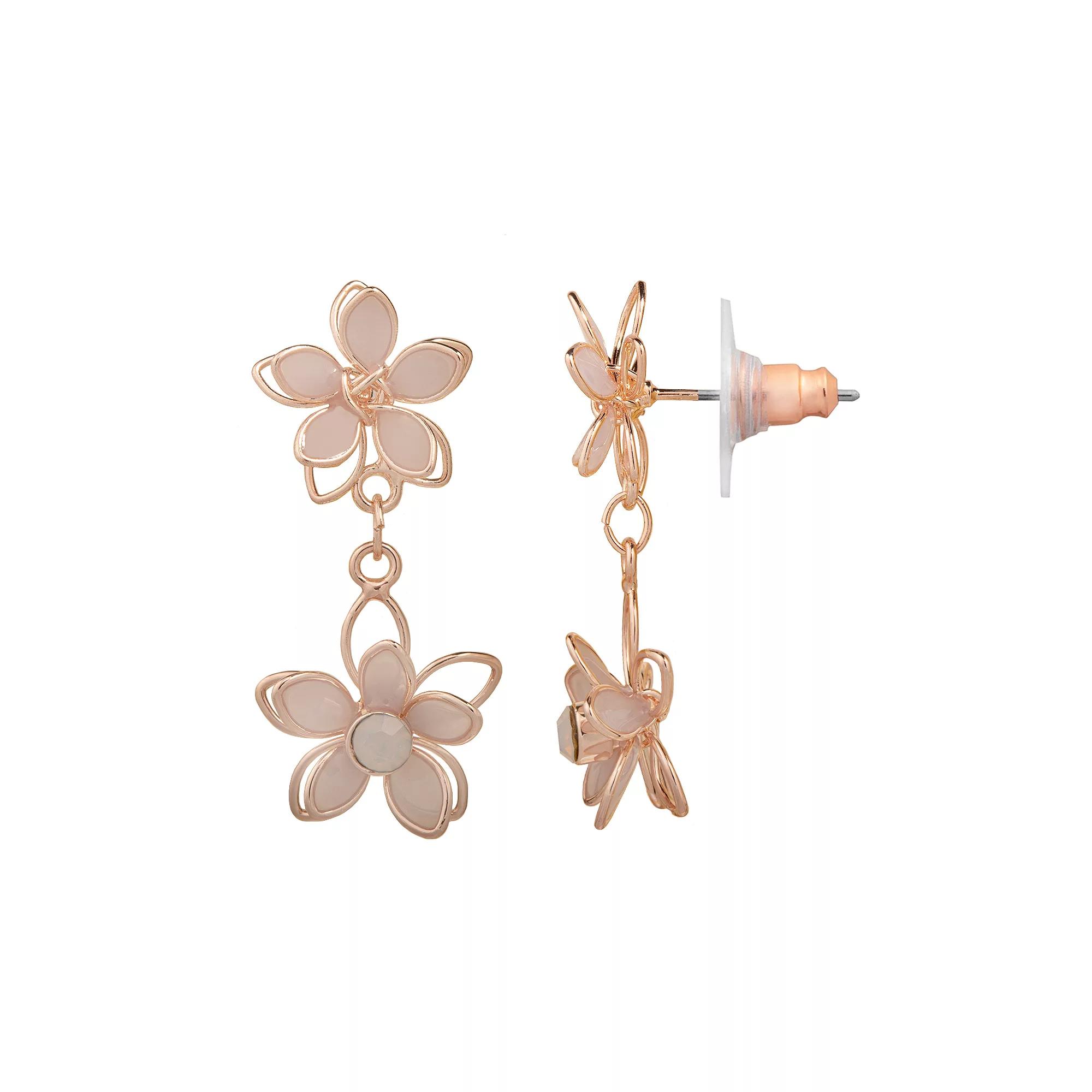 LC Lauren Conrad Rose Gold Tone Crystal Double Flower Drop Earrings, Women's Product Image