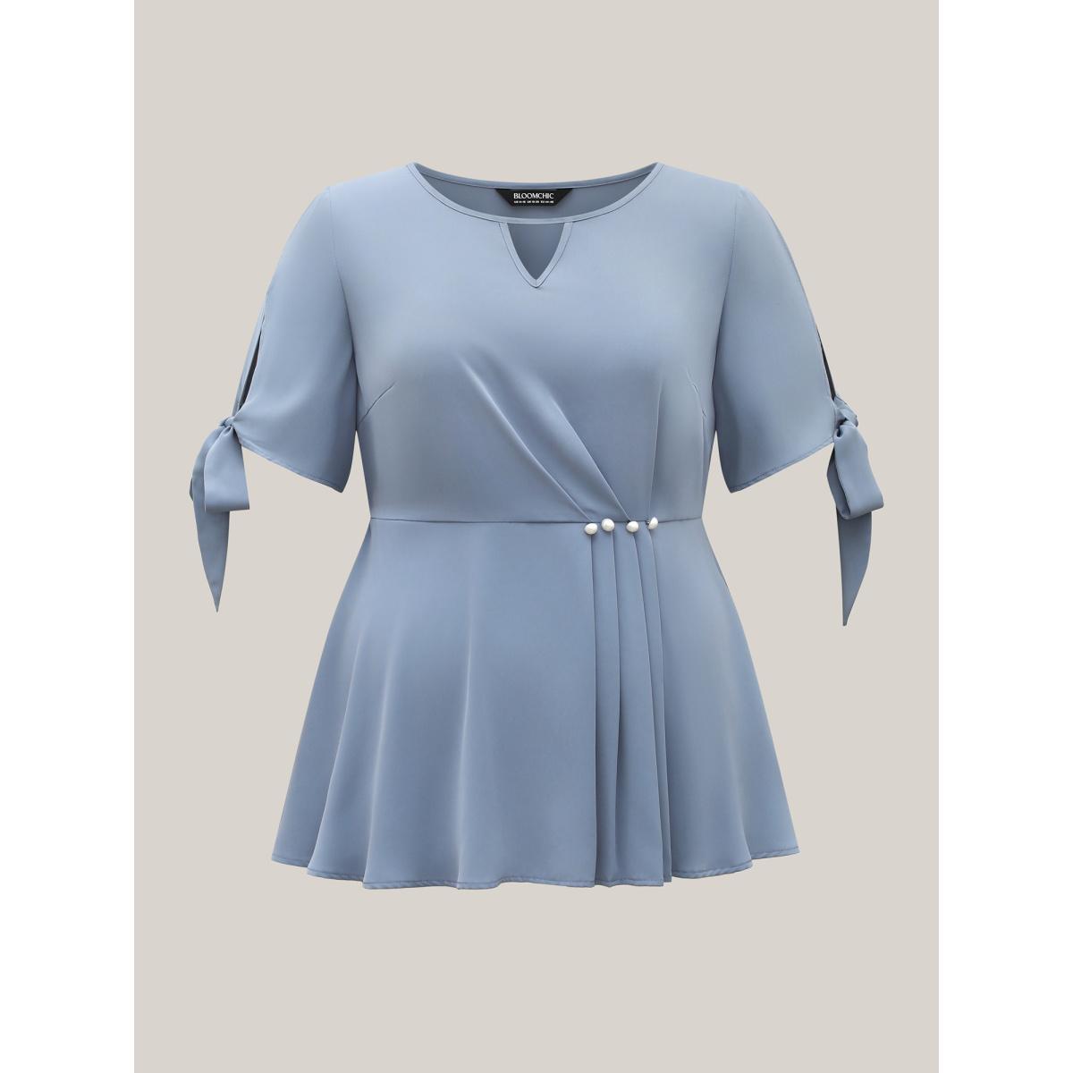 Plus Size Stone Knotted Sleeve Pearl Detail Keyhole Blouse Women Office Short sleeve Round Neck Office Blouses BloomChic 30/6X Product Image