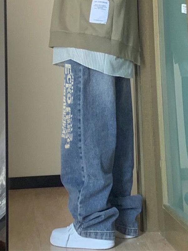 Washed Letter Print High Waist Boyfriend Jeans Product Image