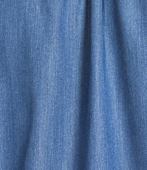 Calessa Short Pearl Sleeve Split V-Neck Woven Chambray Blouse Product Image