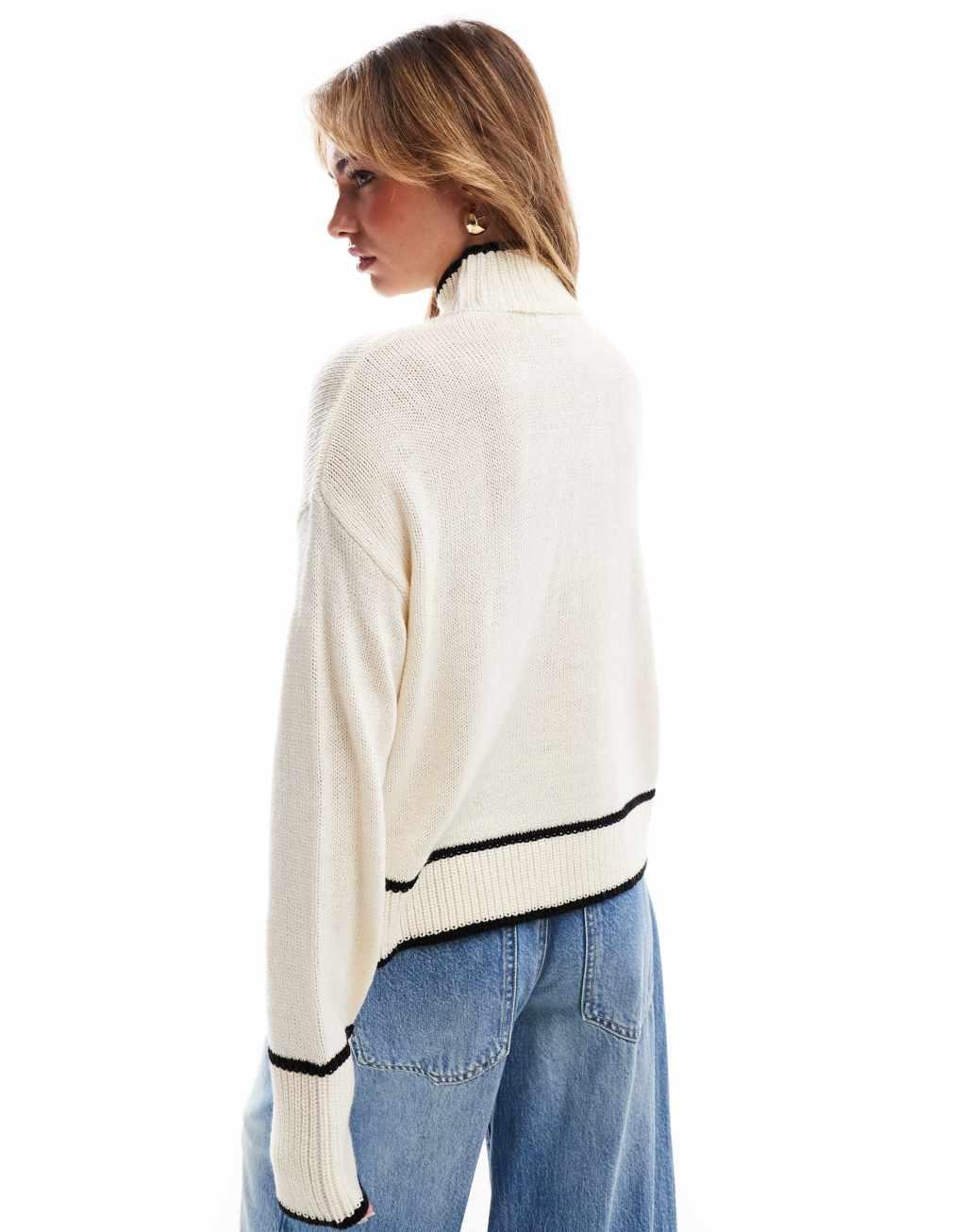 Brave Soul high neck cropped sweater with piping hem detail in cream Product Image