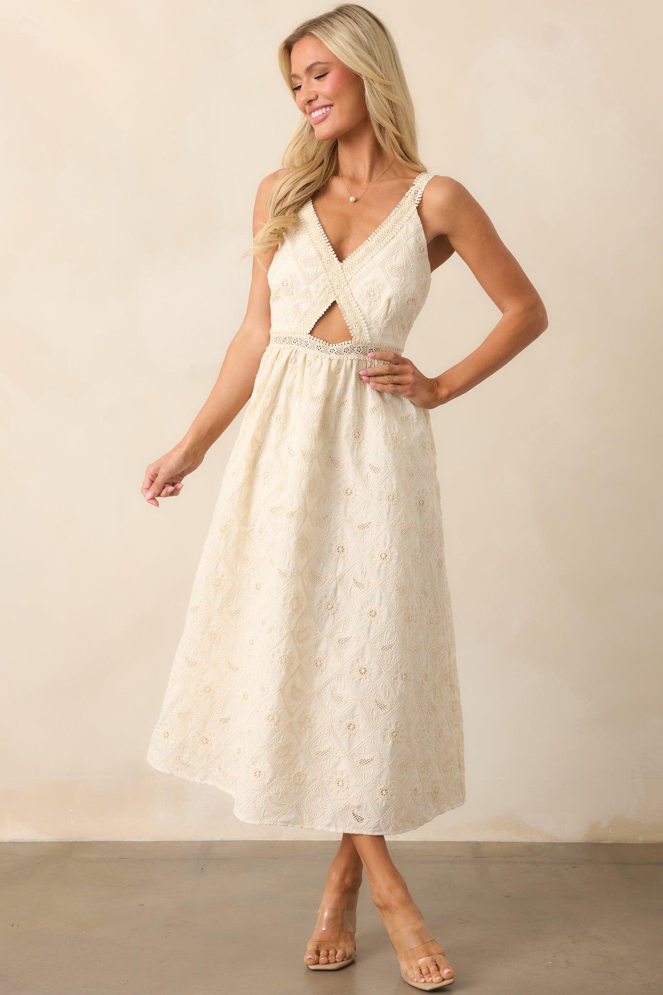 A Touch Of Grace Ivory Embroidered Cutout Midi Dress Product Image