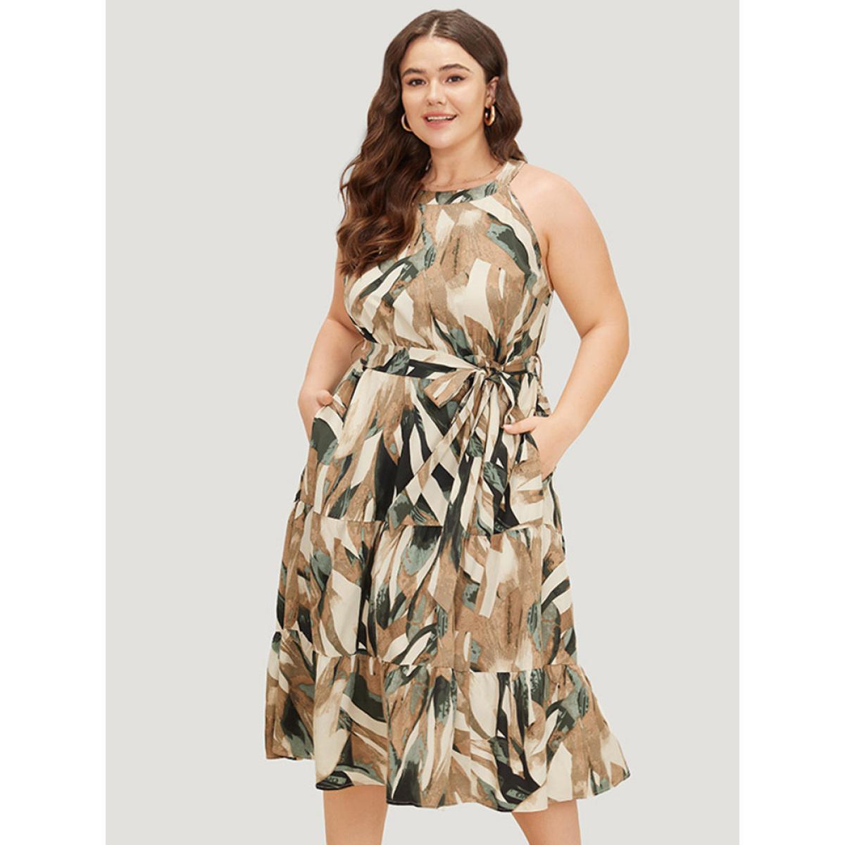 Plus Size Geometric Contrast Ruffles Layered Pocket Belt Knot Halter Dress DarkGreen Women Elegant Belted Halter neck Sleeveless Curvy Long Dress BloomChic 22-24/3X Product Image