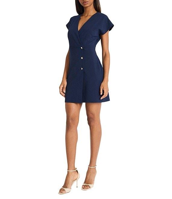 Donna Morgan V-Neck Short Sleeves Button Front Detail Scuba Crepe Sheath Dress Product Image