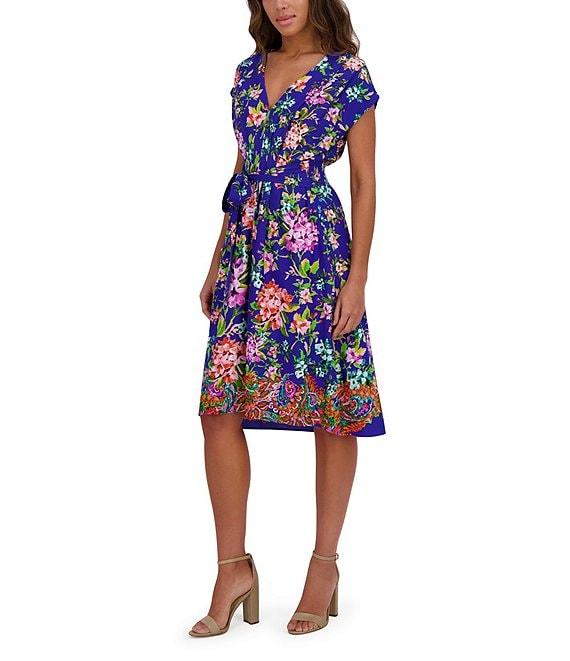 Kensie Woven Floral Print V-Neck Short Sleeve A-Line Mini Dress Product Image