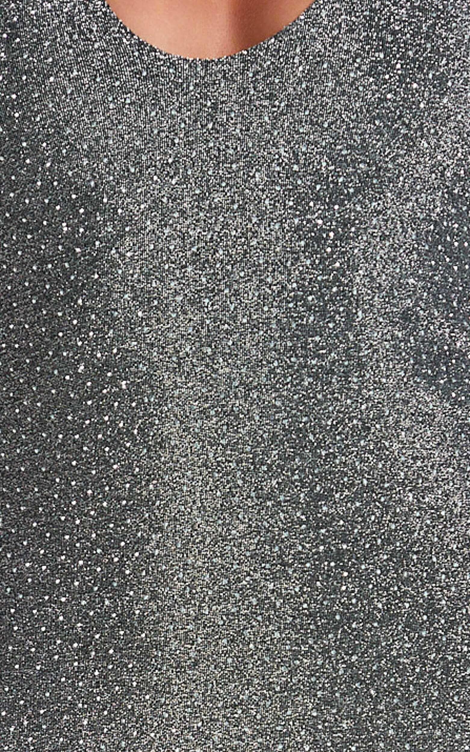 Victor Mini Dress - Glitter Plunge Halter Asymmetric Hem Dress in Gunmetal Product Image