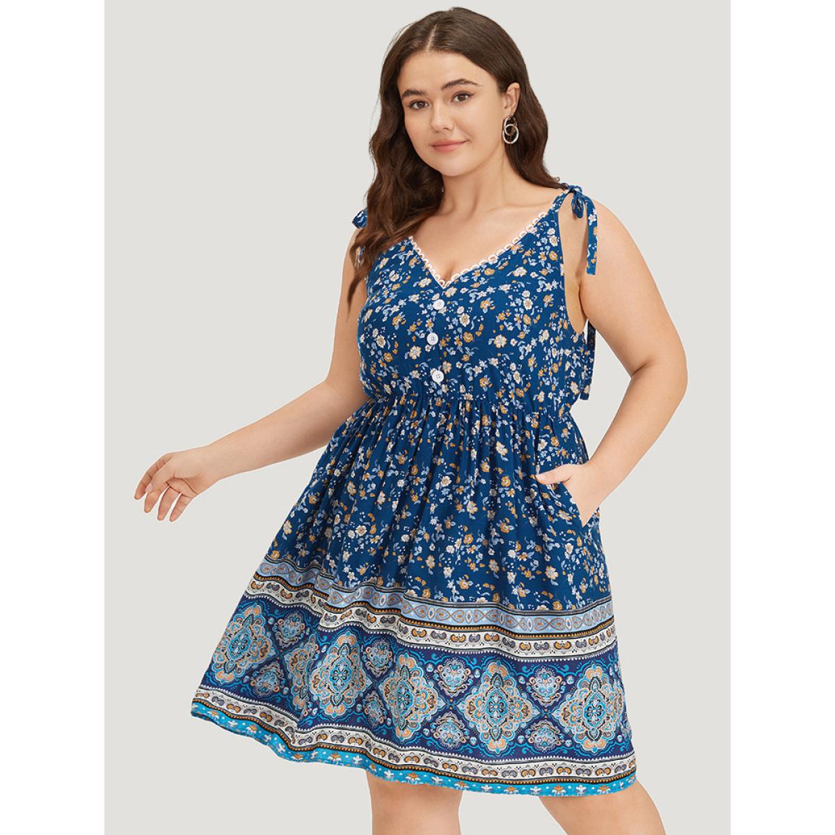 Plus Size Boho Print Knot Lace Trim Pocket Cami Dress Navy Women Elegant Cross straps V-neck Sleeveless Curvy Knee Dress BloomChic 26/4X Product Image