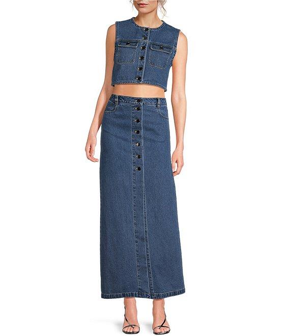 RONNY KOBO Guise Denim Round Neck Cropped Button Front Vest Product Image