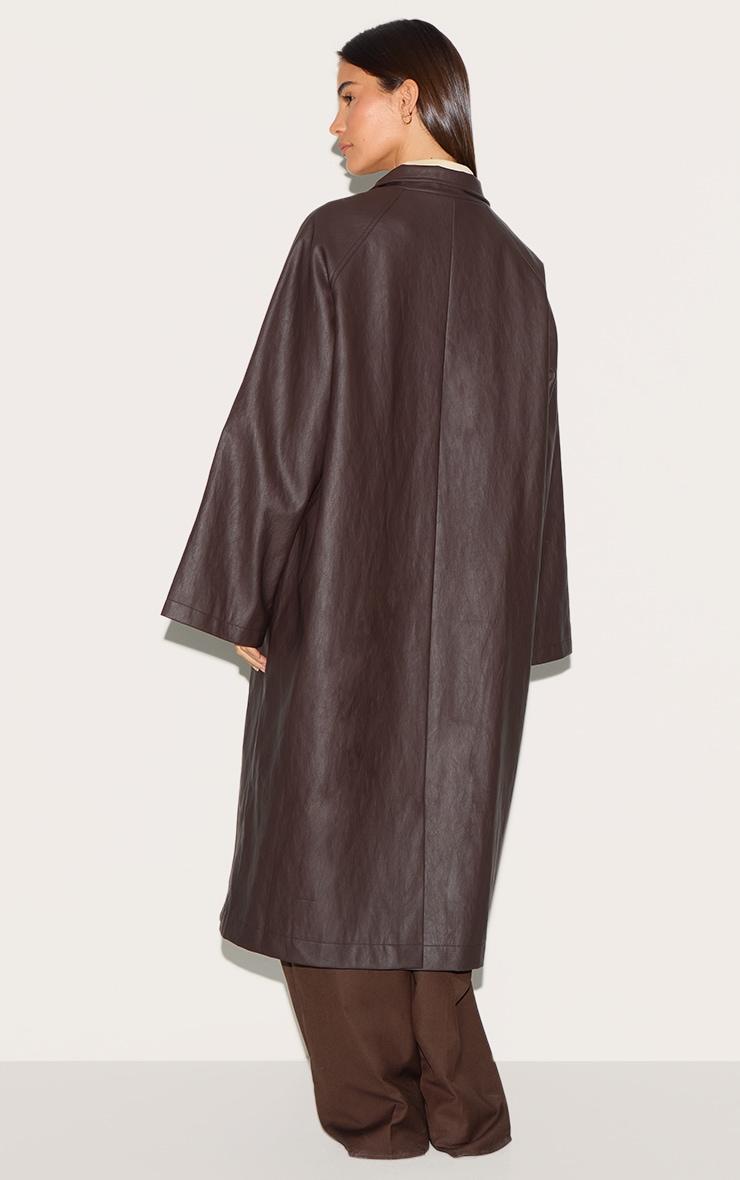 Brown Funnel Neck Faux Leather Trench Coat Product Image