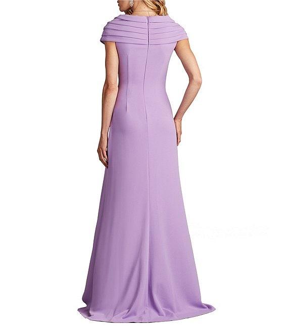 Tadashi Shoji Pleated Portrait Collar Ruffle Front Crepe Sheath Gown Product Image