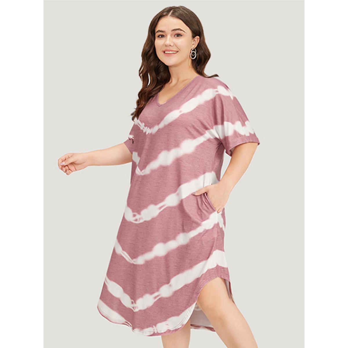 Plus Size Tie Dye Striped Two Tone V Neck Pocket Dress DustyPink Women Casual Tie Dye V-neck Short sleeve Curvy Midi Dress BloomChic 12/L Product Image
