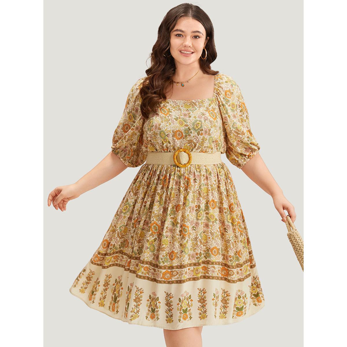 Plus Size Floral Print Pocket Square Neck Elastic Cuffs Dress Apricot Women Vacation Elastic cuffs Square Neck Short sleeve Curvy Midi Dress BloomChic 18-20/2X Product Image