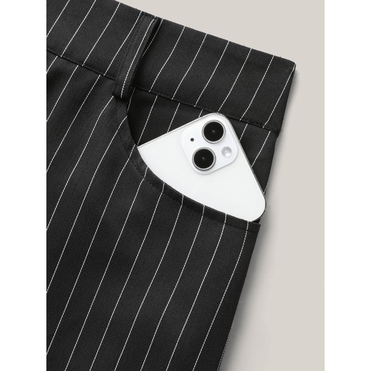 Plus Size Stripes Print Pockets Straight-Fit Pants Women Black Office Straight Leg Mid Rise Office Pants BloomChic 30/6X Product Image