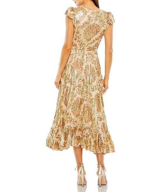 Mac Duggal V-neck Flutter Sleeve Floral Print Chiffon Ruffle Hem Aline Midi Dress Product Image