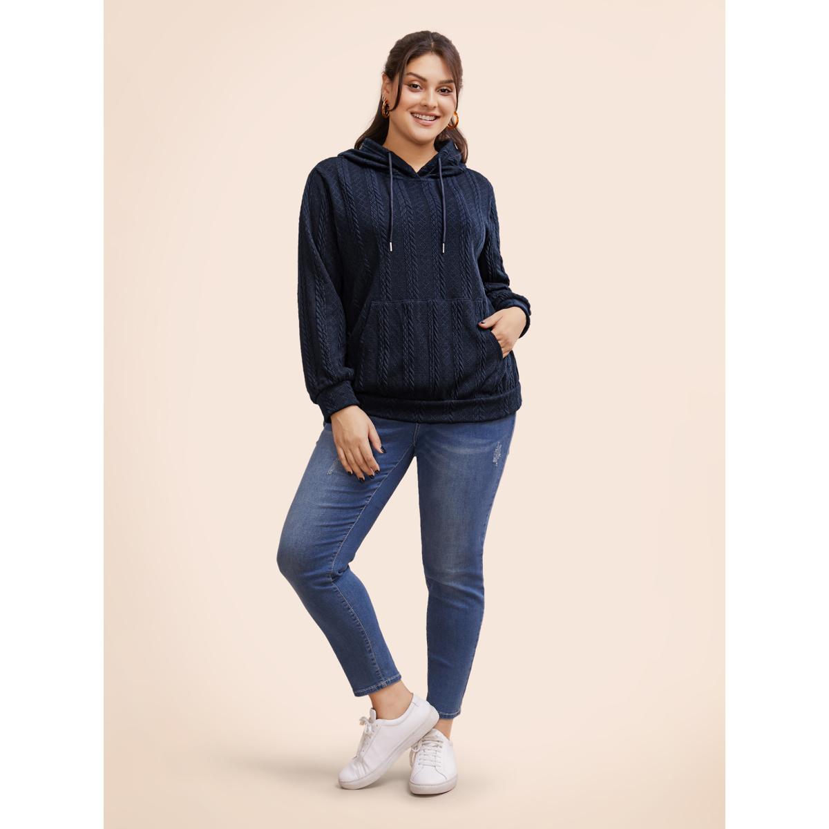 Plus Size Solid Cable Knit Hooded Drawstring Sweatshirt Women DarkBlue Casual Texture Hooded Everyday Sweatshirts BloomChic 10/M Product Image