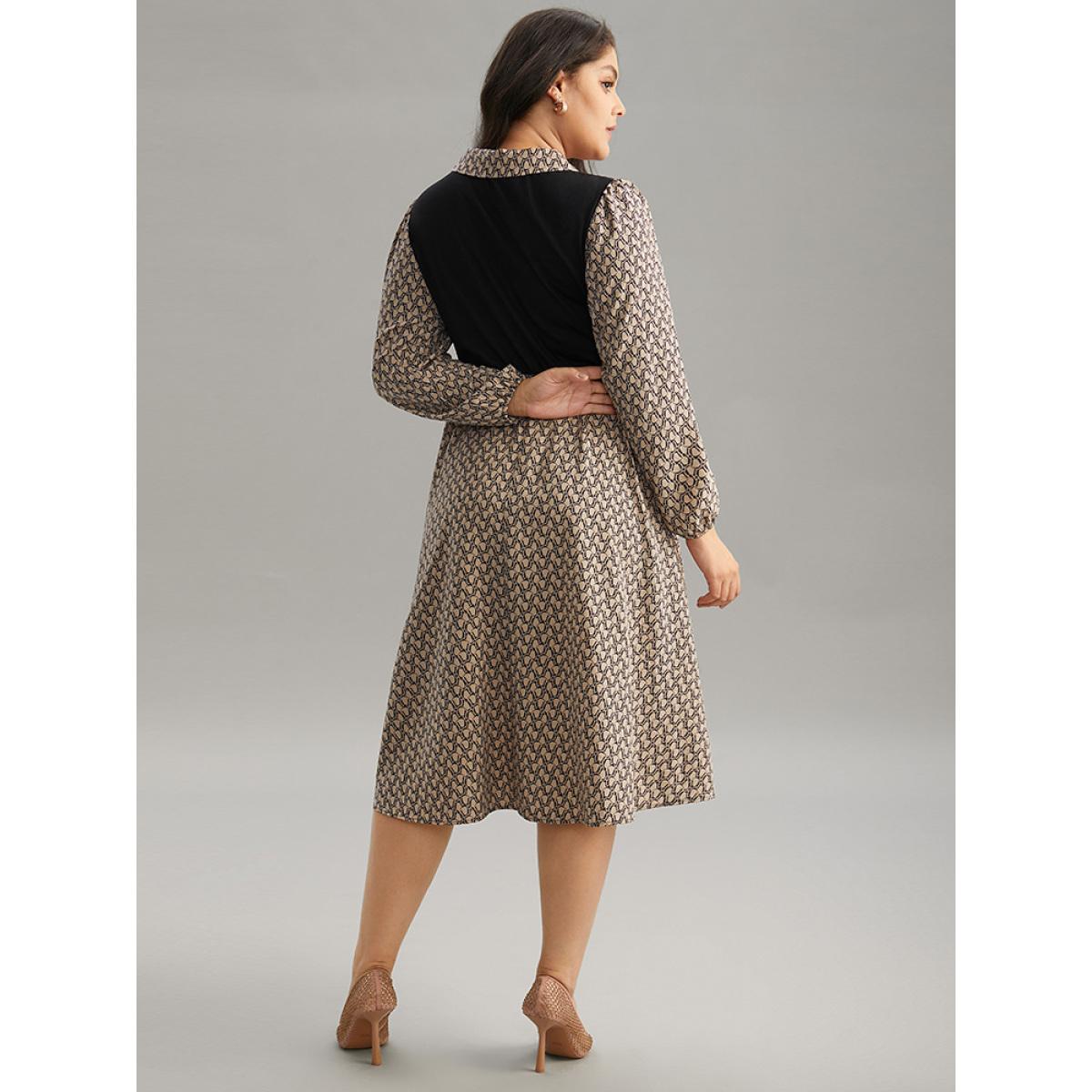 Plus Size Geometric Patchwork Lapel Collar Lantern Sleeve Dress Tan Women Office Elastic cuffs Lapel Collar Long Sleeve Curvy Midi Dress BloomChic 28/5X Product Image