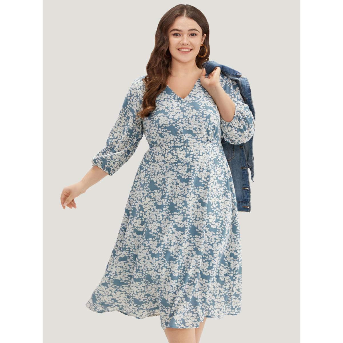 Plus Size Ditsy Floral Pleated Detail Lantern Sleeve Dress LightBlue Women Elegant Elastic cuffs V-neck Elbow-length sleeve Curvy Midi Dress BloomChic 30/6X Product Image