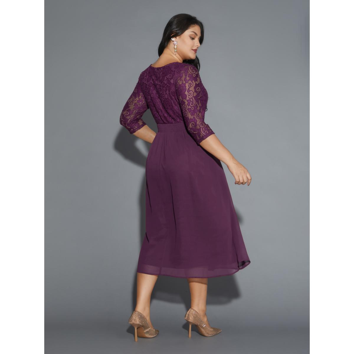 Plus Size Lace Patchwork Shirred Midi Pocket Dress Deeppurplered Women Cocktail Woven ribbon&lace trim Round Neck Elbow-length sleeve Curvy BloomChic 30/6X Product Image