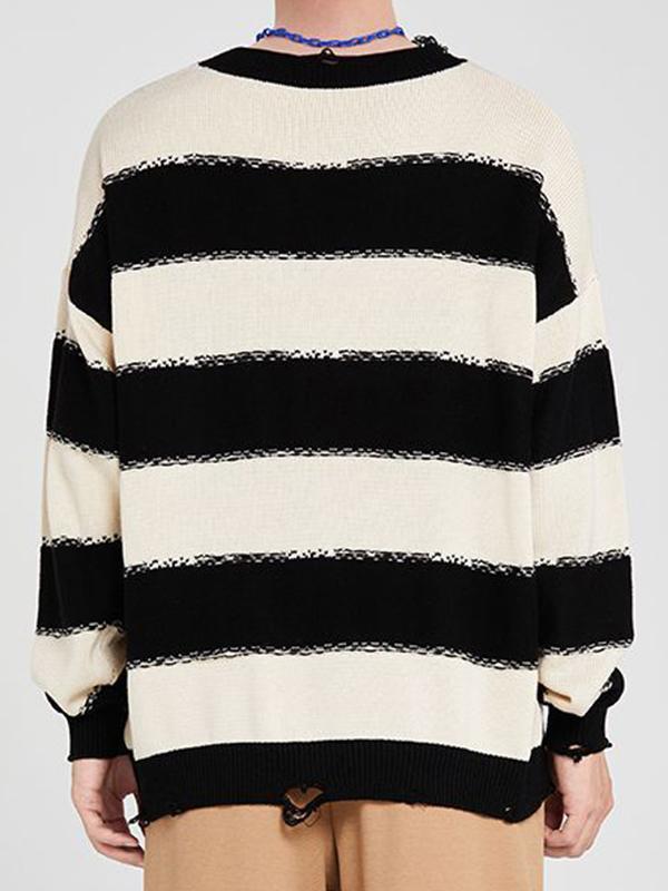 Men's Stripe Tattered Baggy Sweater Product Image