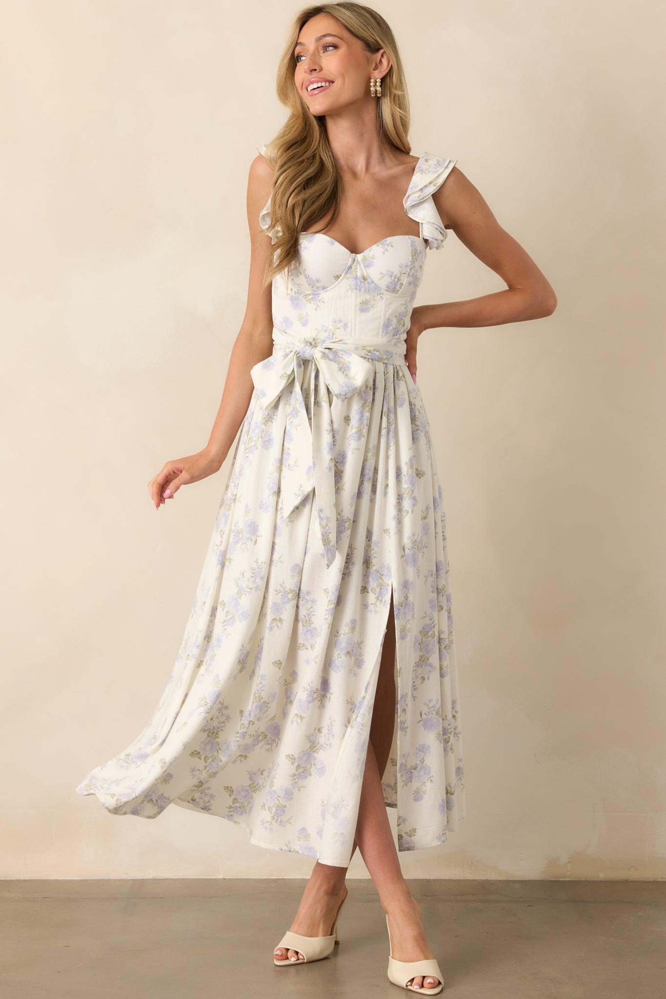 Aimee Lavender Floral Print Linen Blend Bustier Maxi Dress Product Image