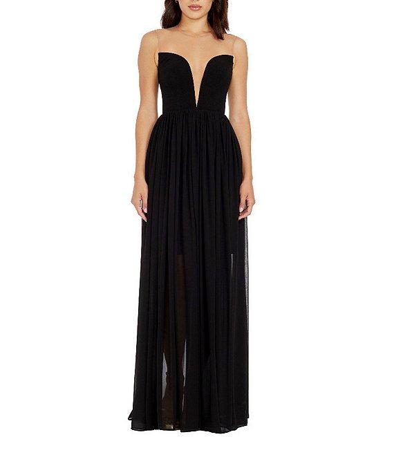 Dress the Population Illusion Plunge Neck Sleeveless Fit and Flare Gown Product Image