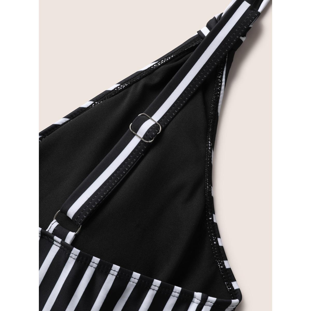 Plus Size Striped Patchwork Mesh Tie Knot Swim Dress Women's Swimwear Black Beach Bodycon Overlap Collar High stretch Curve Swim Dresses BloomChic 30/6X Product Image