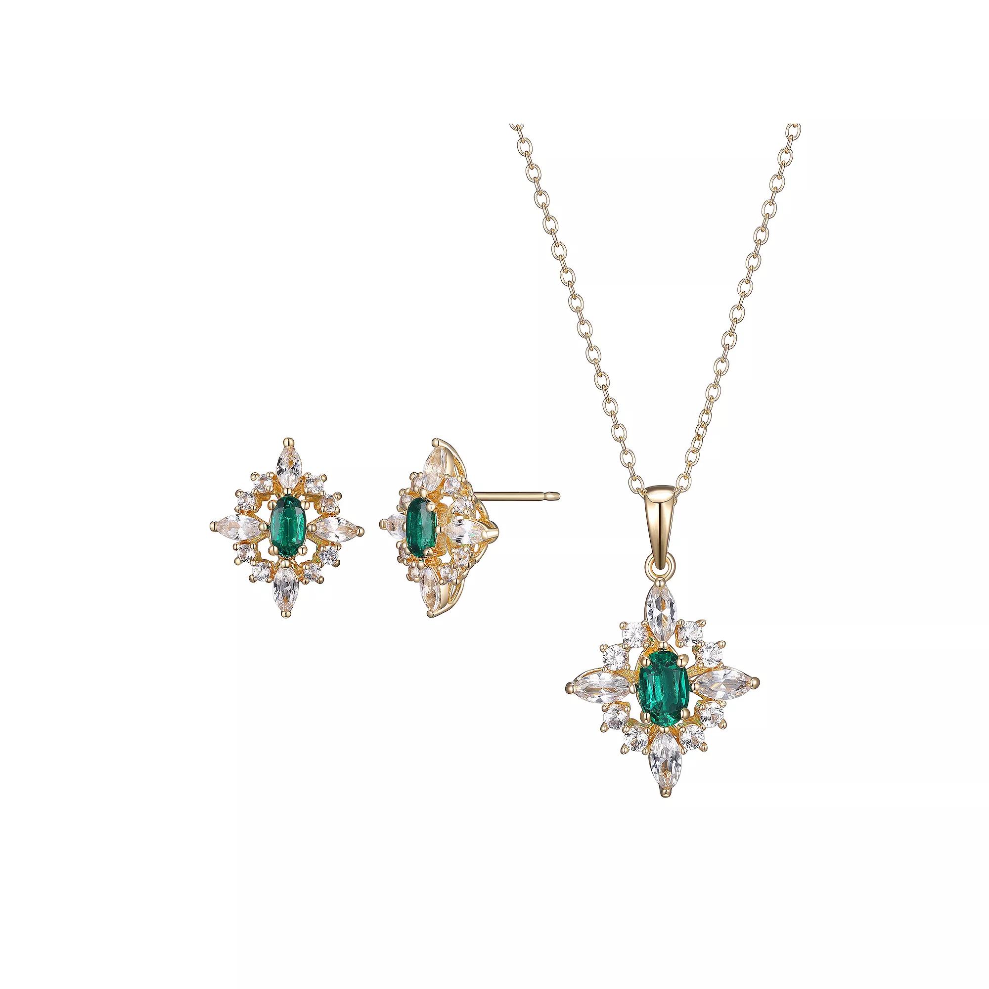 18k Gold Over Silver Lab-Created Emerald & Lab-Created White Sapphire Cluster Pendant & Earring Set, Women's, Size: 18", Gold Tone Product Image