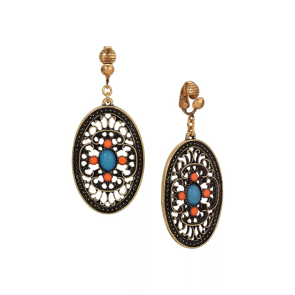 1928 Gold Tone Turquoise and Coral Enamel Filigree Oval Drop Clip-On Earrings, Women's Product Image